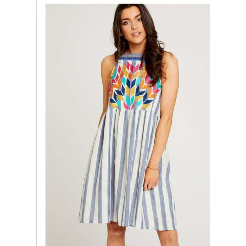 Altar'd State Denim Blue Striped NWT Westlyn Embroidered Sleeveless Boho Dress